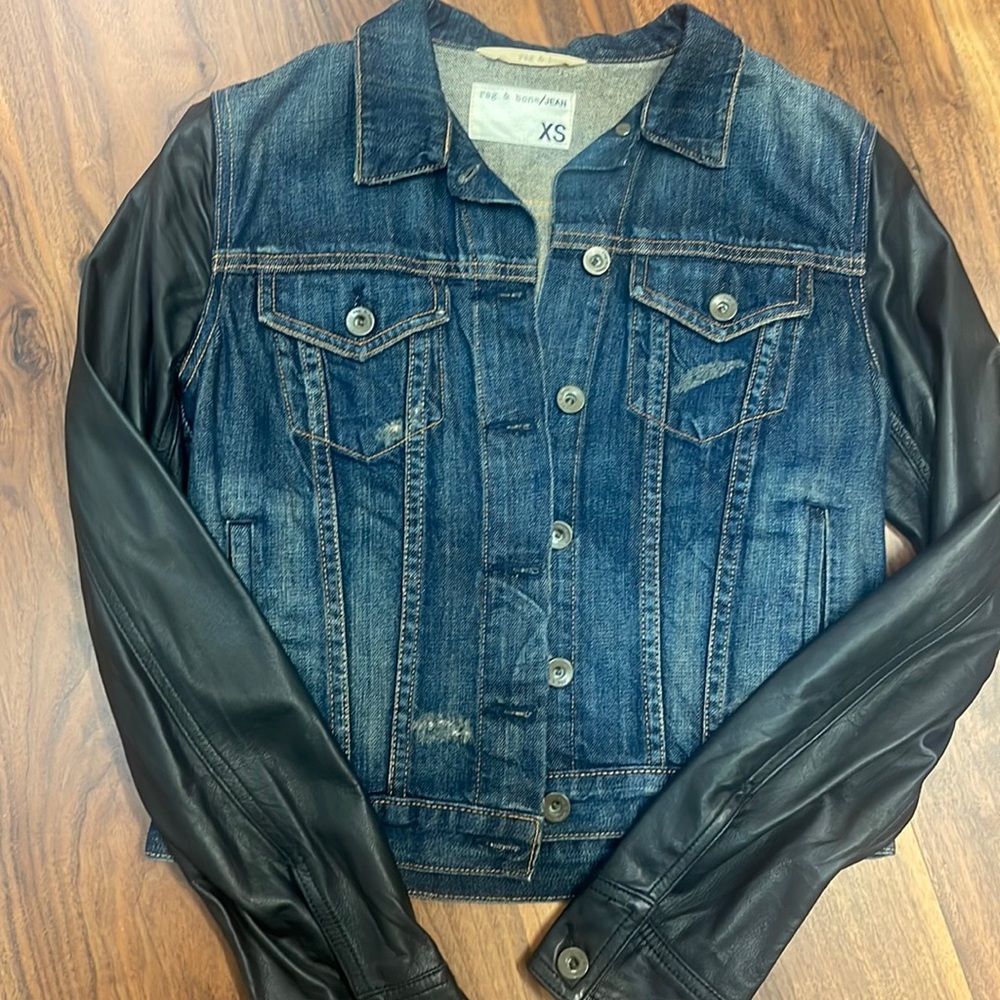 Rag and bone denim jacket with black leather sleeves